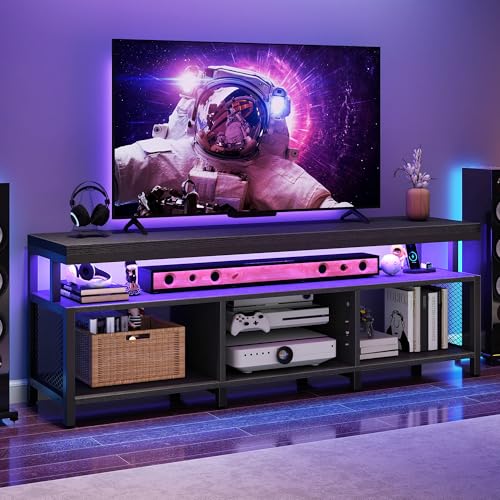 DWVO Living Room TV Stands for 70/65 inch TV LED Entertainment Center with Storage, Modern Television Stand, Industrial Media Console Cabinet with Power Outlets, Black