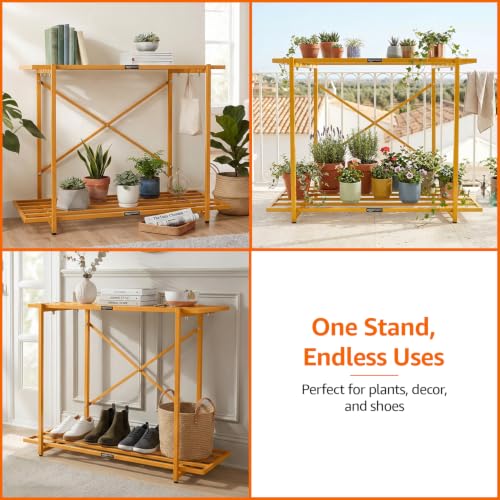 Image of Amazon Basics Heavy Duty 2-Tier Plant Stand | Rust-Resistant Powder Coated Finish | Multipurpose Shelves | Reinforced X-Frame Stability | Indoor & Outdoor Use | Balcony, Garden & Living Room | Beige