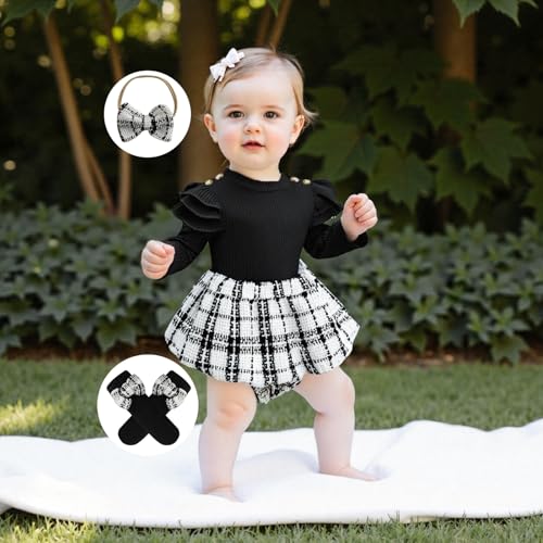 Newborn Baby Girl Holiday Outfit Long Sleeve Plaid Skirt Romper Dress Headband Socks Set Fashion Fall Winter Clothes2