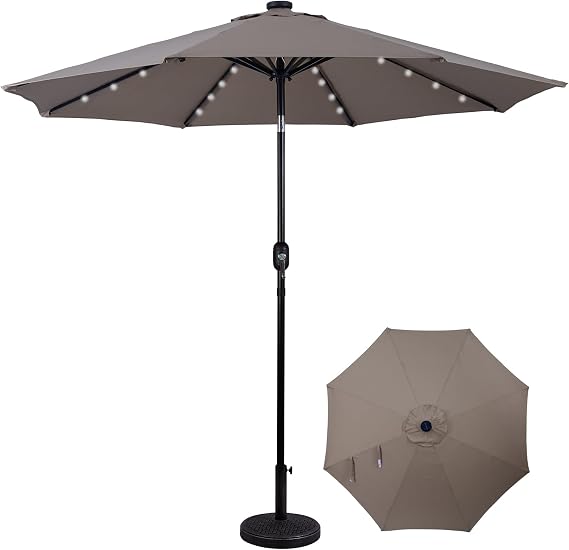 Backyard Expressions 9ft Solar Patio Umbrella with 32 LED Lights - Beige Outdoor Market Umbrella with Tilt & Crank, Solar-Powered Lighting
