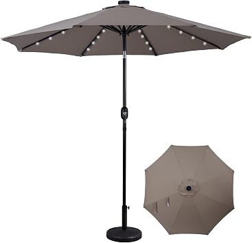 Backyard Expressions 9ft Solar Patio Umbrella with 32 LED Lights - Beige Outdoor Market Umbrella with Tilt & Crank, Solar-Powered Lighting
