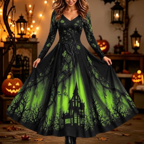 GAHIEDIM Halloween Costume Witch Costume Women Treehouse Thorns Printed Halloween Costumes Gothic Green Large - image 3