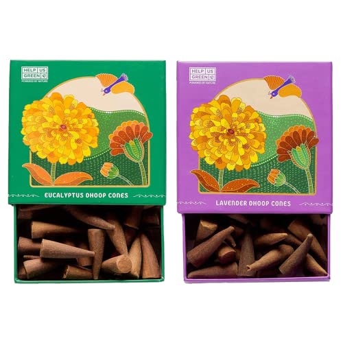 Image of HelpUsGreen Natural Dhoop Cones Eucalyptus and Lavender (80 Cones Pack of 2)|Charcoal Free Organic Incense Cones|Low Smoke Long Lasting Incense for Pooja Meditation Home Fragrance|Free Ceramic Holder