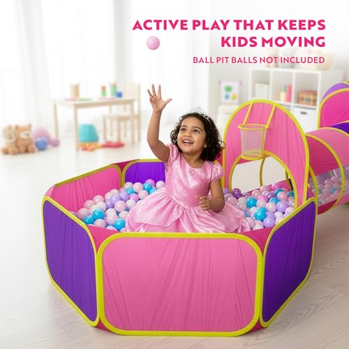 Image of Playz 5pc Kids' Play Tents & Tunnels - Ball Pit for Toddlers, Basketball Hoop, Crawling Tubes, Pop-Up Playhouses, Baby Obstacle Course for Indoor or Outdoor Use
