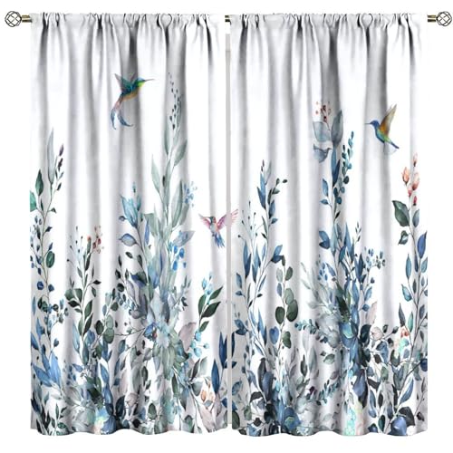 FengMingRui Blue Eucalyptus Botanical Leaves Floral Curtains Country Flower Leaf Small Hummingbird Blackout Window Treatment for Girl Woman Bedroom Living Room Decor Window Drapes 42" W X 45" L