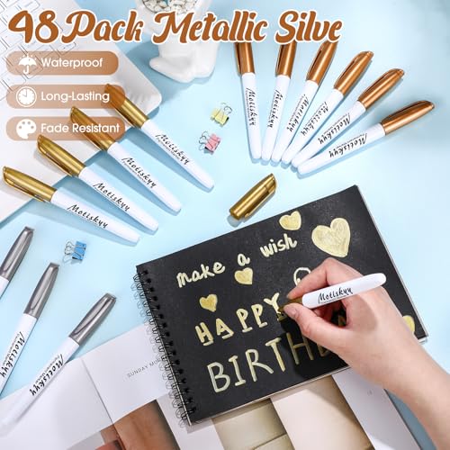 Image of Motiskyy 48 Pcs Metallic Permanent Markers Bulk Metallic Marker Pens Medium Tip Quick Dry Paint Pen for DIY Crafts Artist Illustration Gift Card Making(Gold and Silver)