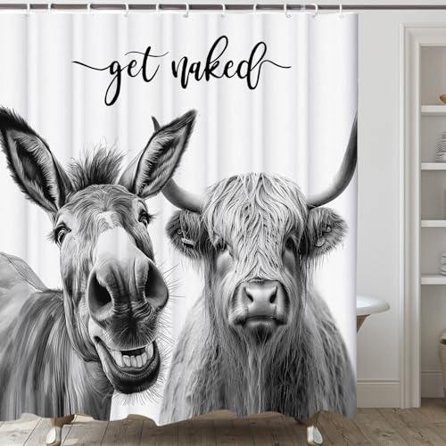 Image of Funny Farmhouse Shower Curtain,Grey Donkey with Cow Get Naked Waterproof Shower Curtain with Hooks, Farm Animal Fabric Shower Curtains for Bathroom Decor 72X72inches