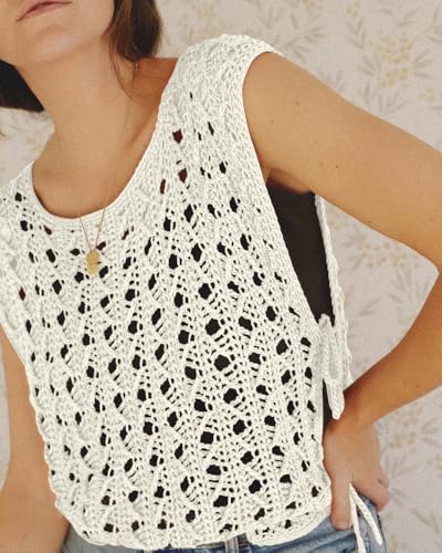 CHICME Womens Sweater Vests Knit Sleeveless Side Tie Crochet Top Fall Crewneck Hollow Out Beach Tank Cover Ups4