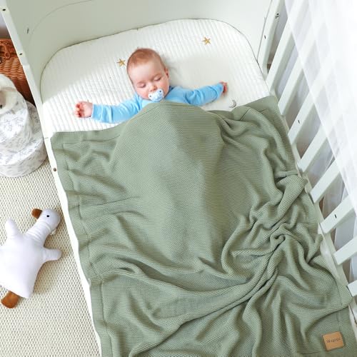 Image of Baby Blanket 30 x 40 Inch Soft Knit for Boys & Girls Cotton Nursery Swaddling Blankets Toddler Knitted Crochet Receiving Crib