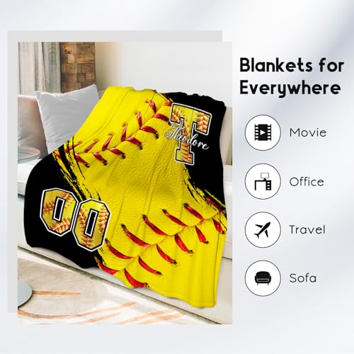 Custom Softball Blanket, Soft Sport Throw Gifts with Name, Cozy Flannel Throw Blankets for Bed Living Room, 60"x80" Gift for Adults