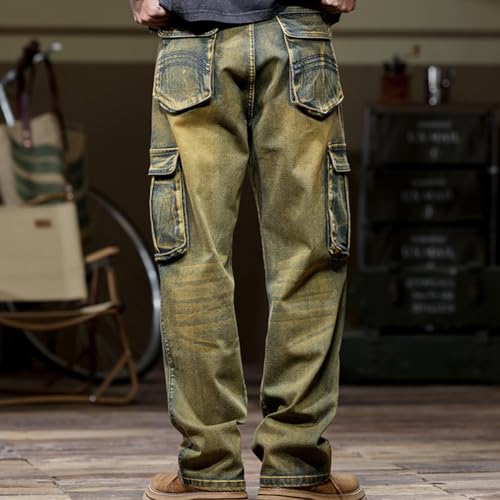 Straight Leg Stretch Cargo Denim Pants for Men Washed Relaxed Fit Jeans with Multi Pockets 28-442
