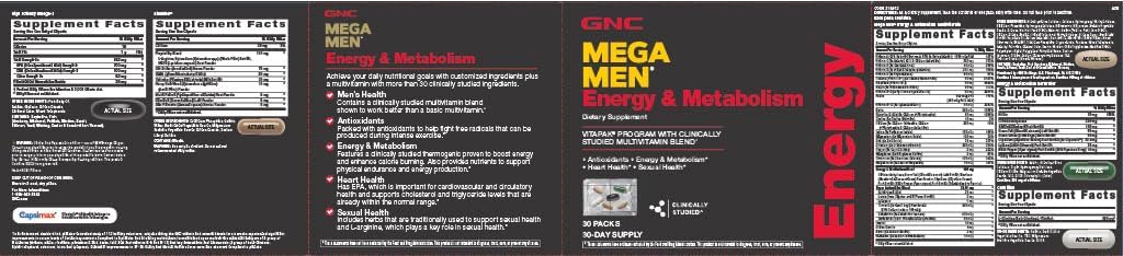 GNC Mega Men Energy and Metabolism Vitapak Program, Convenient, Complete Nutrition, 5 Products in 1 Packet, Calorie Burn, Thermogenic, 300mg Caffeine, 30 Daily Packs - Image 2