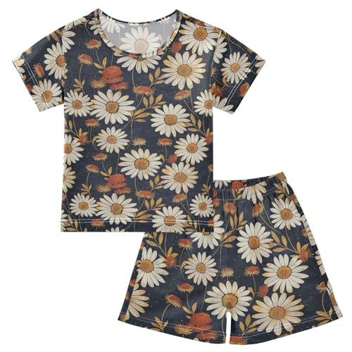 ALAZA Retro White Daisy Flowers Pajama Set Short Sleeve Sleepwear Soft Lounge Nightwear