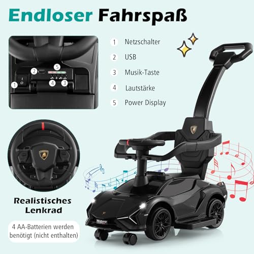 COSTWAY 3-in-1 Lamborghini Rutschauto, Schiebauto mit Scheinwerfern & Musik & Stauraum, Rutschfahrzeug mit abnehmbaren Schiebegriff & Universalrädern, Rutscher Auto für Kinder ab 1 Jahr (Schwarz) – Bild 6