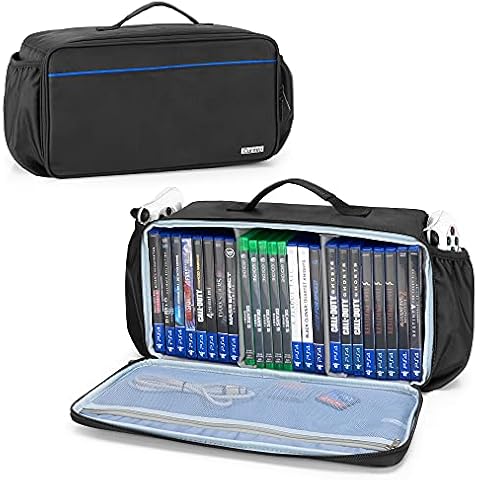 CURMIO Game Disc Storage Bag Holds Up to 24 Discs, Game Disk Travel Case Compatible for PS5/PS4/PS4 Pro/PS3/Xbox One/Xbox 360//Xbox Series X/S, Blue Stripe(Bag Only) Cover