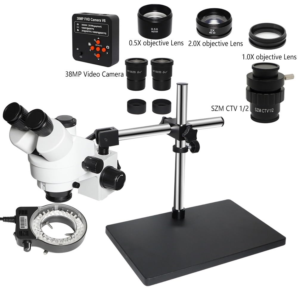 Microscope 3.5X-90X Double Arm Holder Simul Focal Trinocular Stereo Microscope 38MP H_D Digital USB Microscopio Camera for Phone PCB Repair Tool(VGA add CTV 0.5X)