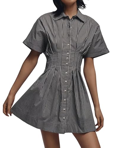 Women Summer Short Sleeve Button Front Pleated Shirt Dress Striped Collar V Neck Casual Y2k Swing Short Mini Dresses