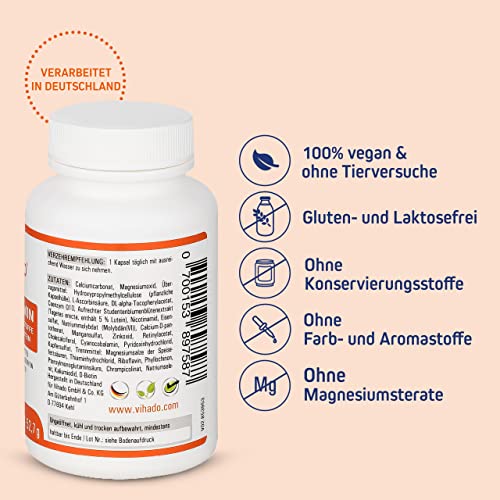 Vihado Multivitamin – Vitamine A-Z und Multimineral-Komplex – 26 Vitamine und Mineralstoffe hochdosiert – Nahrungsergänzungsmittel mit Q10, Zink und Tagetes Erecta – 1 Kapsel/Tag, 60 Kapseln