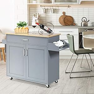 Giantex Kitchen Island, Rolling Kitchen Cart with Spice and Towel Rack, Large Drawer & 2-Door Storage Cabinet, Home Service Cart on Lockable Wheels, Wood Kitchen Trolley, Spacious Tabletop (Gray) Giantex Kitchen Island Rolling Kitchen Cart with Spice and Towel Rack Large Drawer 2 Door Storage Cabinet Home Service Cart on Lockable Wheels Wood Kitchen Trolley Spacious Tabletop Gray