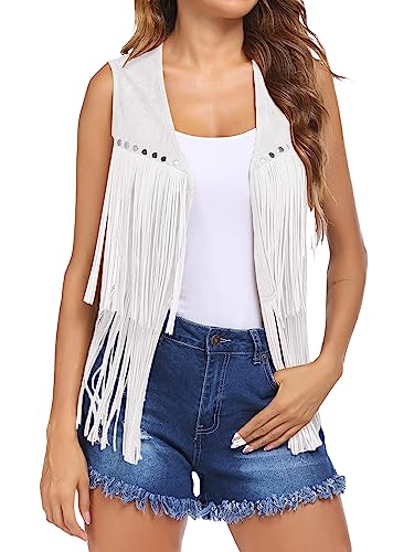 Womens Fringe Vest 70s Hippie Costume Sleeveless Cowgirl Western Jacket Faux Suede Tassel Outerwear Cardigan Outfit
