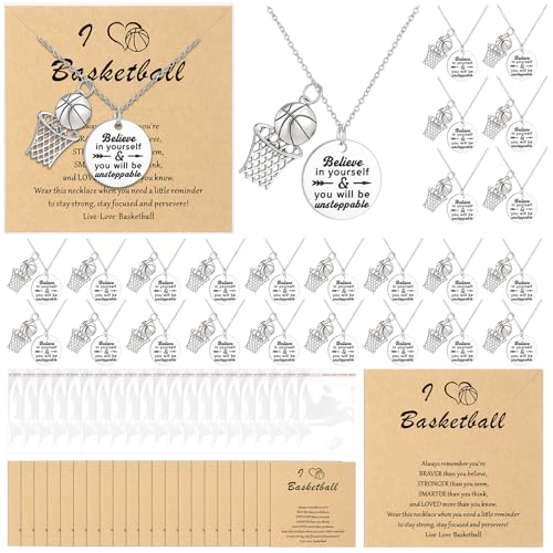 Tondiamo 24 Sets Basketball Necklace Team Gift Adjustable Pendant Necklace with Inspirational Card...