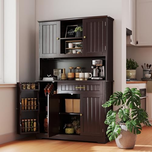 Image of Gizoon Kitchen Hutch Cabinet Kitchen Hutch Storage Cabinet Tall Pantry Coffee Bar with Storage for Dining Room and Craft Room, Painted Dark Brown