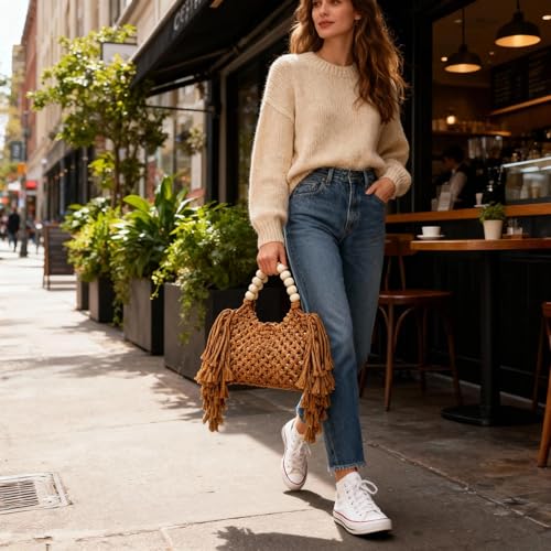 Bolsa tejida de algodón para mujer con asa de cuentas de madera miniatura 3