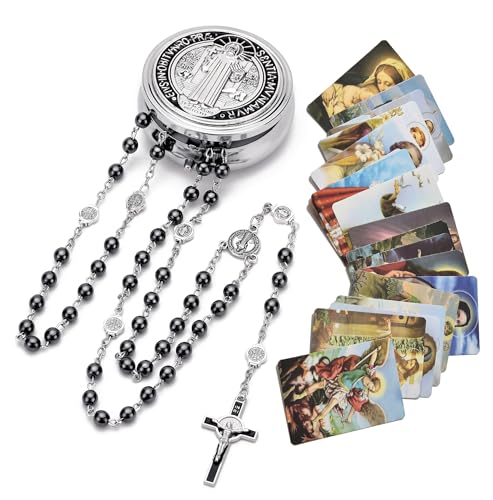 SZQCZB Rosary Beads Catholic for Men and Women, St.Benedict Center Piece and Crucifix, Black Cystal Rosary Beads with Saint Benedict Miraculous Gift Box and 18pcs Prayer Cards
