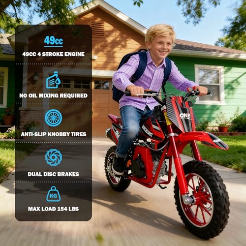 Image of 50cc 4 Stroke Dirt Bike for Kids 8-14,Gas Powered Dirt Bike with No Oil Mixing,Front&Rear Disc Brakes,Kids Dirt Bike with Inverted Fork Suspension,Pull Start,25MPH