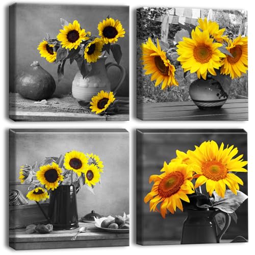 Artscope Lienzos Decorativos - Girasoles en un Jarrón Imágenes Estilo Nórdico Pintura Prueba de Agua con Marco Listo para Colgar para Sala de Estar Décor Dormitorio Regalo 30x30cm