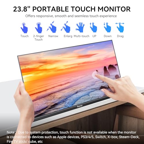 Image of 23.8 inch Portable Touchscreen Monitor 100% sRGB VA FHD 1080P, 4000:1 Contrast, VESA, Built-in Speaker, w /90Adjustable Stand USB-C HDMI 75Hz External Second Touch Screen Display for Laptop /PC /Phone