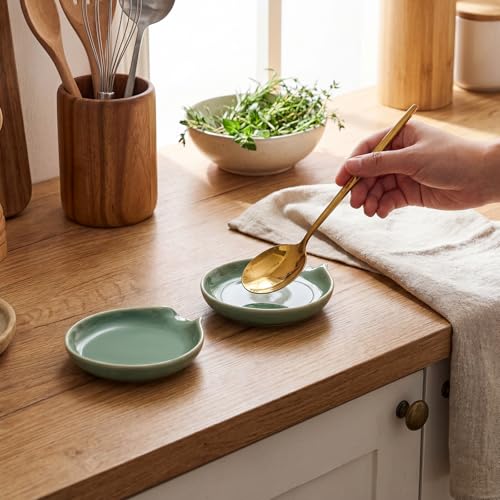 Image of Irenare 8 Pcs Ceramic Spoon Rest for Stove Top, 3.74 Inch Porcelain Spoon Holder, Coffee Utensil Rest Heat Resistant Dishwasher Safe for Home Kitchen Accessories Gift(Green)