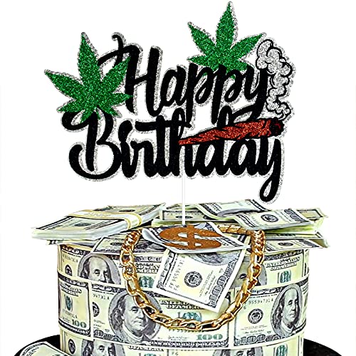 Pot Leaves Happy Birthday Cake Topper – Weed Leaf Black Glitter Marijuana Cake Supplies – Have a Dope 420 Birthday Party Decoration