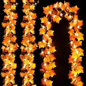 Luditek Fall Decor 3-Pack Fall Leaf Garland with Lights, Total 24.6ft 60 LED Halloween String Lights, Thanksgiving Decorations for Home Holiday Autumn Indoor Friendsgiving Gift