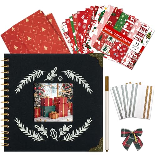 Vienrose Album Fotografico Natalizio, 20,5 x 20,5 cm Fai da Te Libro dei Ricordi Copertina in Lino con 20 Fogli e 40 Pagine, Album Fotografico con Finestra Quadrata per Famiglia, Matrimonio, Nero