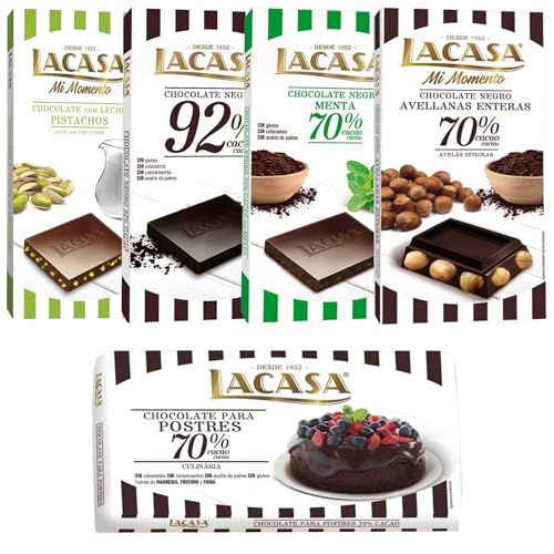 Pack Lacasa 5 deliciosas tabletas de chocolate de distintos sabores y tamaños: ,leche pistacho 90g, menta ,cacao 92% ,culinaria200g, avellana 200g