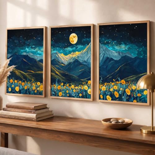 Image of kotart Big Aesthetic Mountains View Wall Art Paintings | Flowers Landscape Framed Painting | Vastu Frames for Living Room Bedroom Wall Decor Set Of 3 (14x20 Inch)