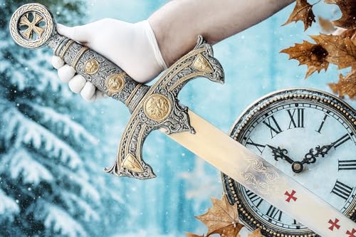 SHINY CRAFTS Ornate Crusader Sword – Gold and Silver Detailing with Cross Motif Gift for Collectors and Medieval Fans (VBS-0006)