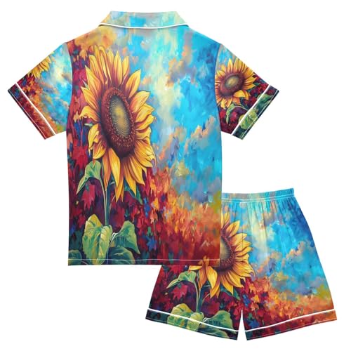 senya Pajama Sets Silky Button Down Nightwear Sleepwear Size 5-14 Years Sunflower Oil Painting2