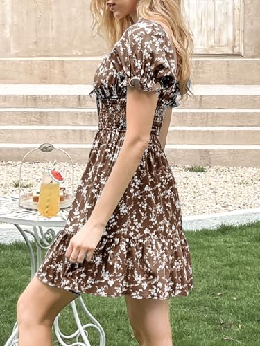 Image of Imily Bela Womens Summer Dress Ruffle Sleeve Sqaure Neck Smocked Sun Dress Casual Boho Beach Floral Mini Dress