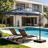 OLILAWN 10FT Cantilever Offset Patio Umbrella with Base Included, Outdoor Umbrella with Base, 360° Rotation & Infinite Tilt, Yarn-Dyed Fade-Resistant Canopy, 8-Rib Heavy Duty Steel Frame for Patio Pool Deck Backyard, Slate