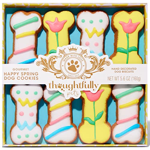 Thoughtfully Pets, Gourmet Dog Cookie Gift Set, Peanut Butter Flavored Crunchy Dog Treats in Bone Shape with Easter Spring Designs, Set of 8