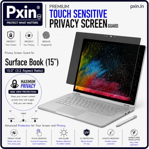 Image of Pxin Aura | Compatible with Microsoft Surface Book 15 Inch | Touch Sensitive Privacy Screen | Anti Blue | Anti Glare | UltraThin for Hyper Touch | Anti UV | Privacy Filter