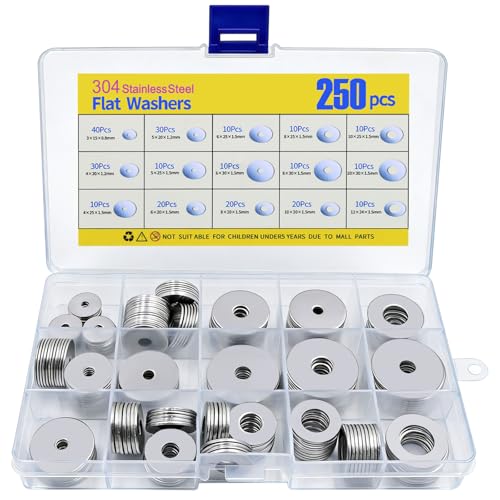 250 PièCes 304 Rondelles Metal Set, Rondelles Pour Gonds de Porte, M3 - M10 Rondelles Inox Multi - SpéCifications Avec Compartiment de Rangement,...