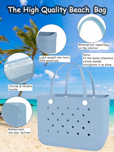 X-Large Rubber Tote Bag Beach Bag Travel Bag with Waterproof Zipper Pocket, Washable Durable Rubber Beach Tote Holes3