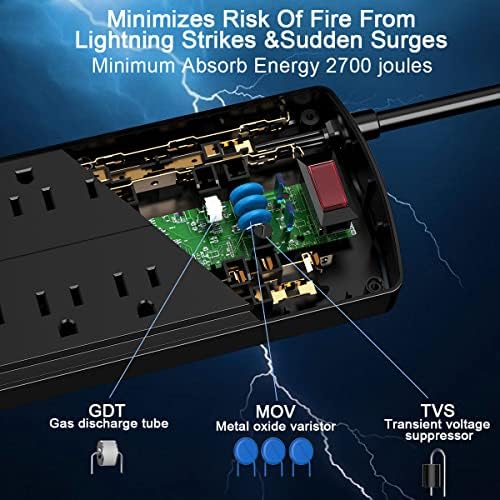 Surge Protector Power Strip - Nuetsa Flat Plug Extension Cord with 8 Outlets and 4 USB Ports, 6 Feet Power Cord, 2700 Joules, ETL Listed, Black - 4