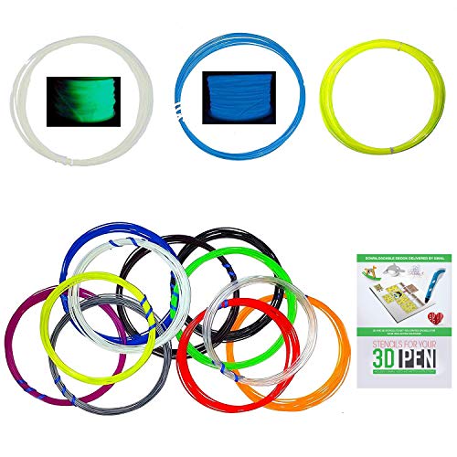 3D Pen Filament Refills - Stencil EBOOK & 2 Bonus Glow in The Dark Color Included - 1.75mm ABS - 280 Linear Feet Total of 14 Different Colors in 20 Foot Lengths