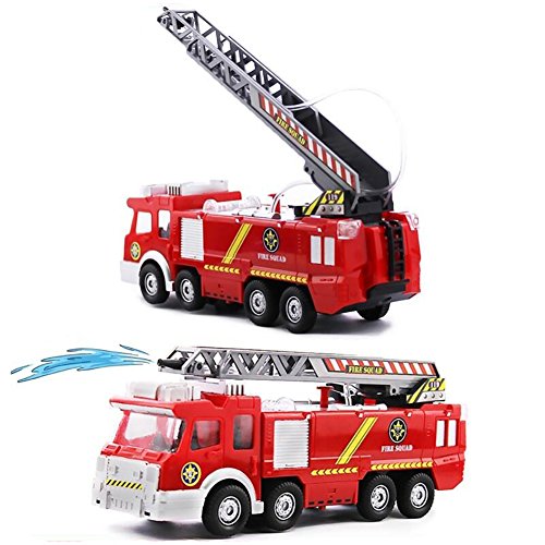 Netcosy Electric Fire Truck Toy, Fire Engine Rescue Veiche with Lights Sirens Extending Ladder and Water Pump Hose to Shoot Water, Bump and Go Action