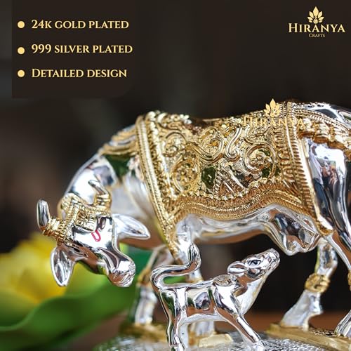 Image of Kamdhenu Cow with Calf | Vastu Idol is a Divine Cow & Calf Statue | Perfect for Pooja Rooms | Kamadhenu Cow & Calf (Gold & Silver, 4.5 Inch)