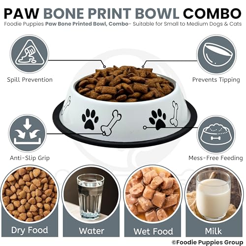 Image of Foodie Puppies Stainless Steel Dog Bowl Combo - (Medium, 700ml) Food and Water Feeding Gift Bowl | Suitable for Dogs, Cats and Other Pets I Paw Bone Print, Anti-Skid Rubber Base (White + Black)